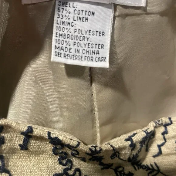 Talbots Pants Womens 10 Linen Tan Black Embroidered Design Cropped Ankle High - Picture 5 of 8